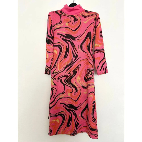 House of Harlow Pink Swirl Pattern Turtleneck Long Dress Retro Abstract Print M - Picture 1 of 5